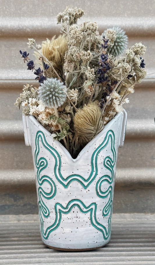 2025 BOOT VASE #2 - Turquoise & White